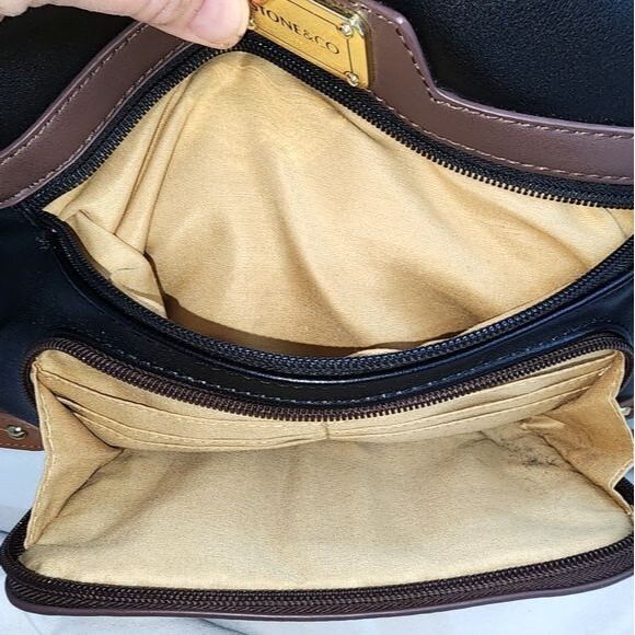 Stone & Co. Black, Tan & Taupe Leather Shoulder Bag 12.5"X9.5"X3.5" - Picture 7 of 12
